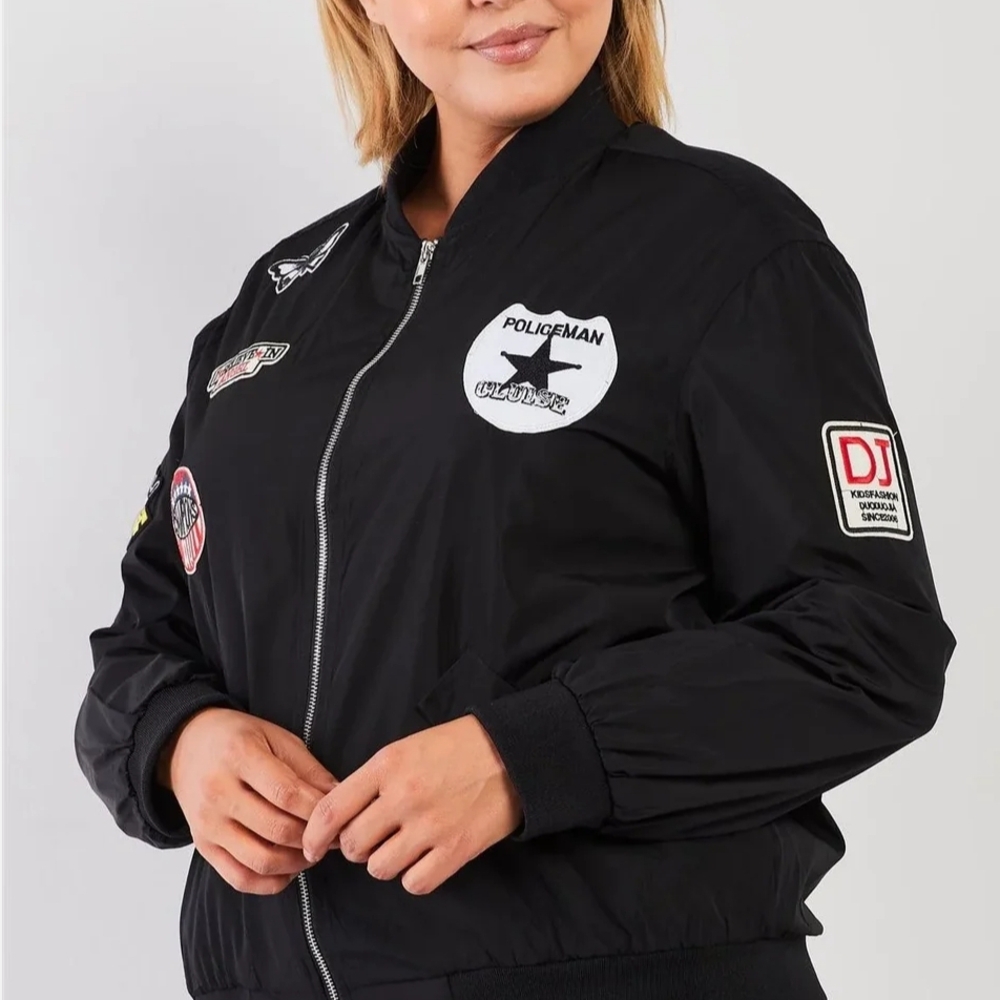 NWT ADORA Black Aviator Retro Patches Bomber Jacket Size 1X - Picture 4 of 4